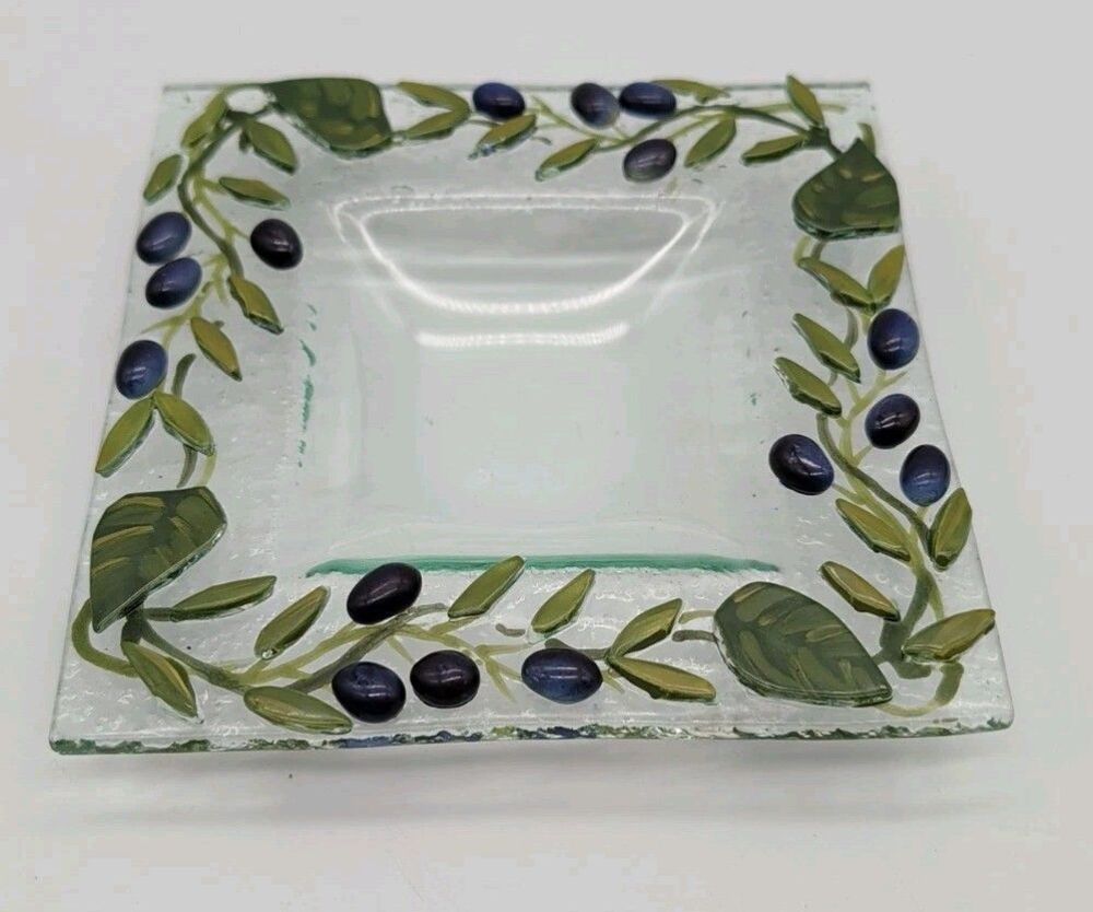 Fused Glass Olive Dish 3D Hand Painted Trinket Key Ring 6" Square